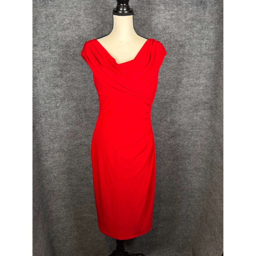 Lauren Ralph Lauren Red Ruched Draped Cowl Neck Sheath Jersey Cocktail Dress 10